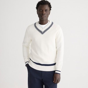 J.Crew Cotton V-neck cricket sweater Sea Salt Navy Stripe Outlet | 92GQSYKIN