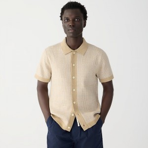 J.Crew Short-sleeve heritage cotton sweater-polo in windowpane jacquard Hthr Camel Glen Plaid Sale | 24XZRPYDT