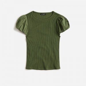 J.Crew Vintage rib T-shirt with cotton poplin puff sleeves Green Clearance | 36YTFEKQO