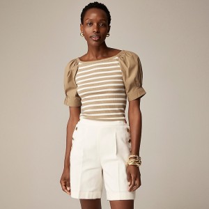 J.Crew Vintage rib top with cotton poplin puff sleeves Carter Stripe Khaki Ivo Factory Outlet | 50NUVEFQT