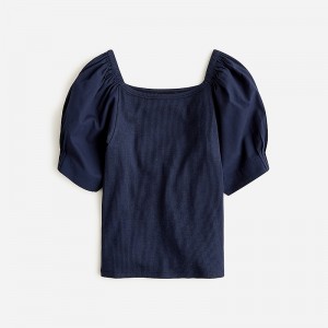 J.Crew Vintage rib top with cotton poplin puff sleeves Navy Factory Promo | 69ICJKWXH