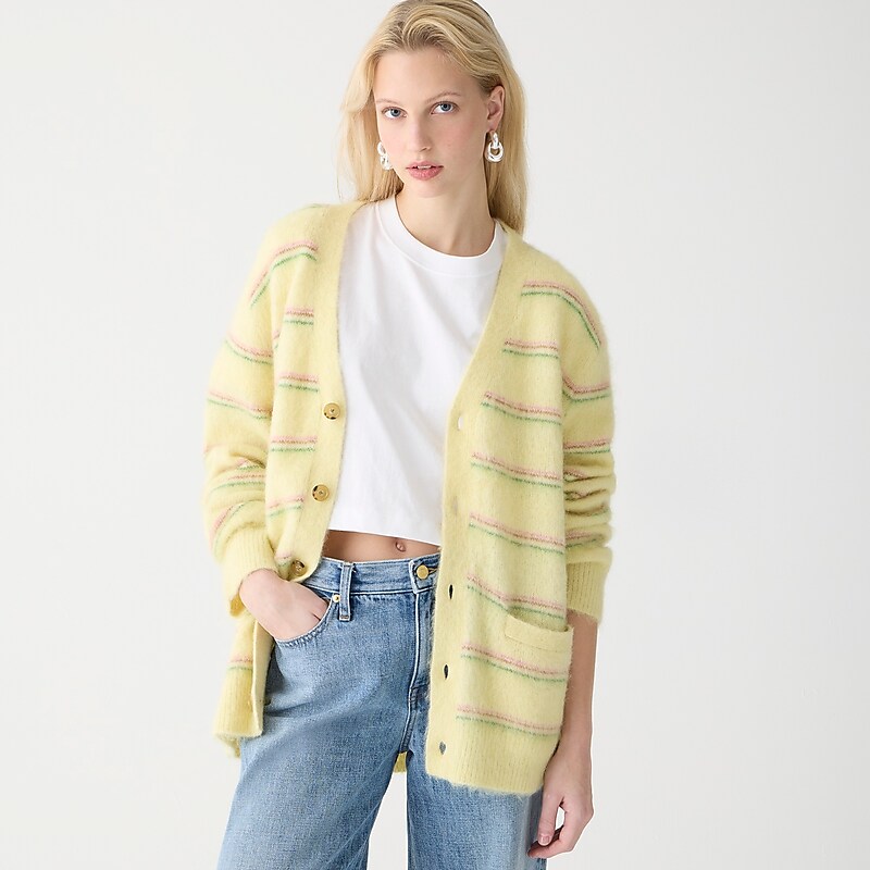 J.Crew Alpaca-blend V-neck cardigan sweater in stripe Lemon Sorbet Stripe Factory Promo | 60QCZXHLR