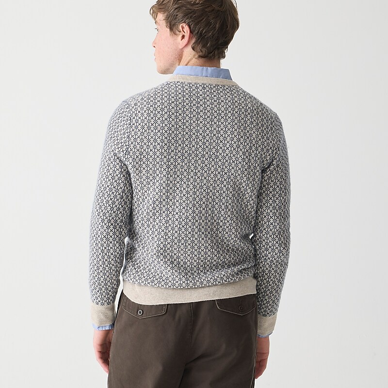 J.Crew Cashmere jacquard crewneck sweater Hthr Birch Navy Deco J Factory Promo | 65KBGNDJE