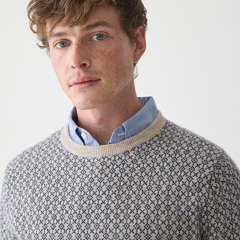J.Crew Cashmere jacquard crewneck sweater Hthr Birch Navy Deco J Factory Promo | 65KBGNDJE
