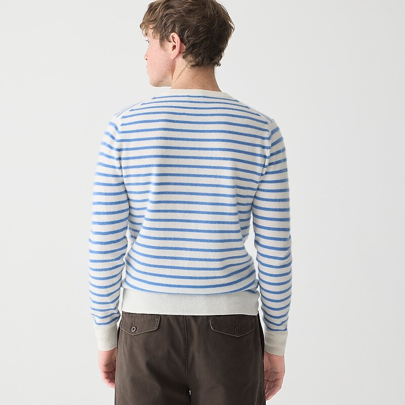 J.Crew Cashmere jacquard crewneck sweater Ivory Amalfi Blue Strip Clearance | 45LNOPTEB