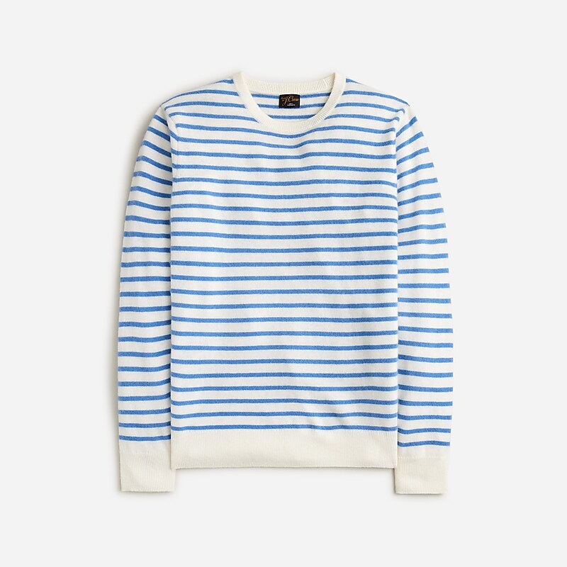 J.Crew Cashmere jacquard crewneck sweater Ivory Amalfi Blue Strip Clearance | 45LNOPTEB