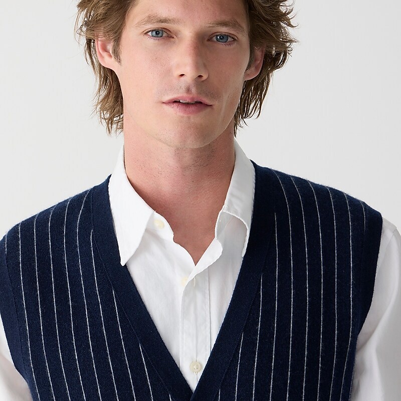 J.Crew Cashmere-blend cardigan sweater-vest in pinstripe Navy Hthr Grey Stripe Sale | 28WXLFSGU