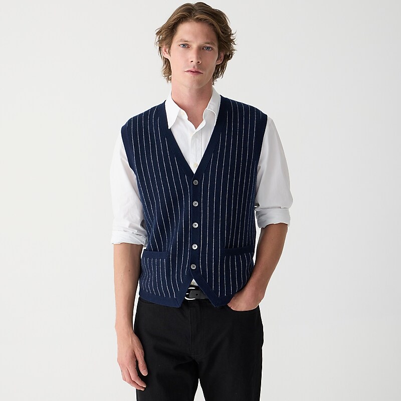 J.Crew Cashmere-blend cardigan sweater-vest in pinstripe Navy Hthr Grey Stripe Sale | 28WXLFSGU