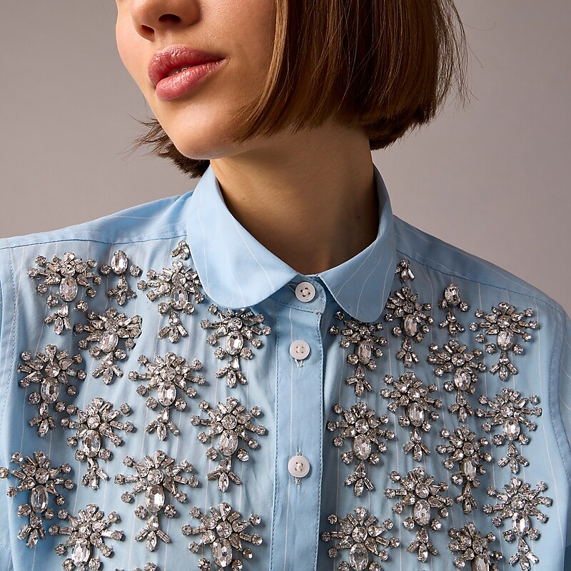 J.Crew Collection cropped button-up shirt with embellishments in pinstripe print Blue Pinstripe Outlet Online | 71NQUJDEP