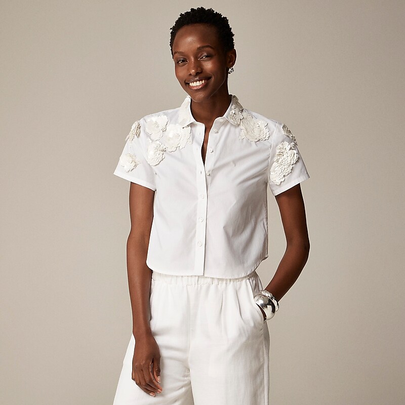 J.Crew Collection cropped button-up shirt with floral appliqués White Clearance | 48ILVZKEP