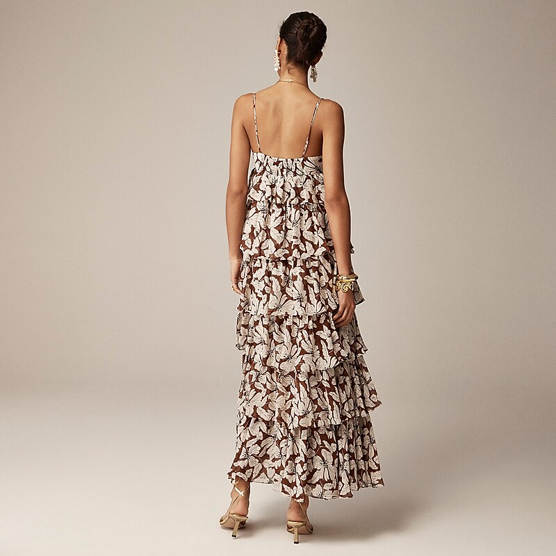 J.Crew Collection ruffle-tier dress in chiffon Chocolate Floral Sale | 28EVYIMXF