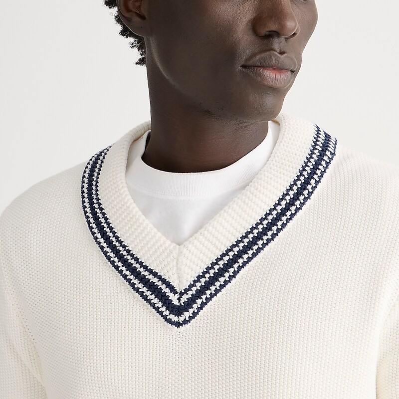 J.Crew Cotton V-neck cricket sweater Sea Salt Navy Stripe Outlet | 92GQSYKIN
