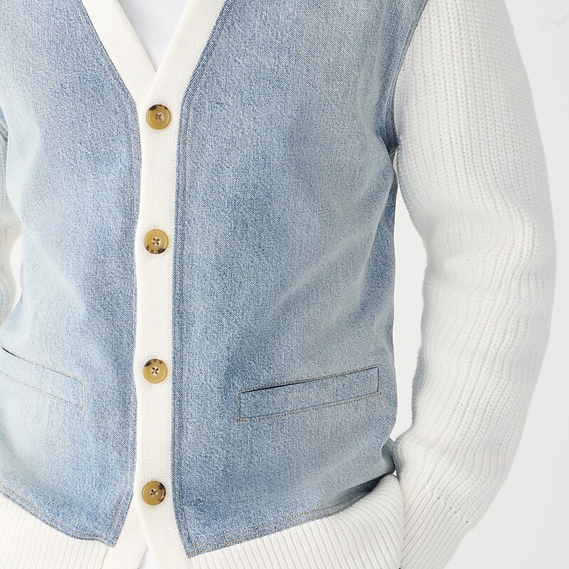 J.Crew Cotton shaker-stitch cardigan sweater with denim panels Blue Factory Outlet | 54OMRWASL