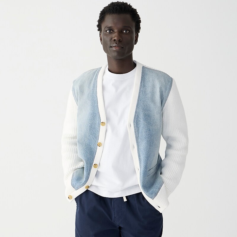 J.Crew Cotton shaker-stitch cardigan sweater with denim panels Blue Factory Outlet | 54OMRWASL