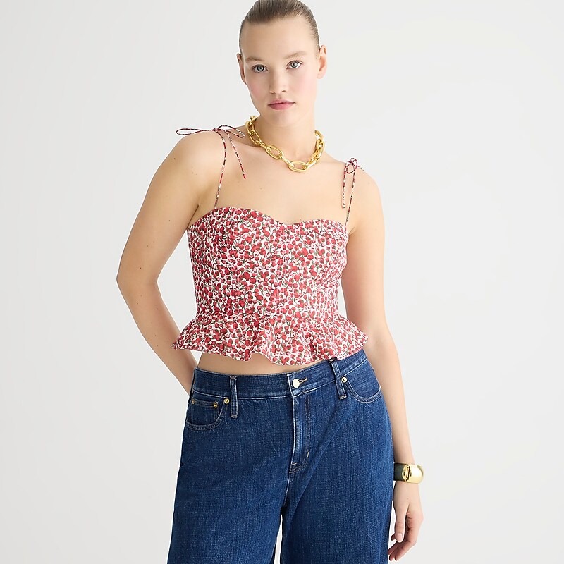 J.Crew Cropped bustier peplum top in Liberty® Eliza\'s Red fabric Elizas Red Outlet | 93TKRCBDA