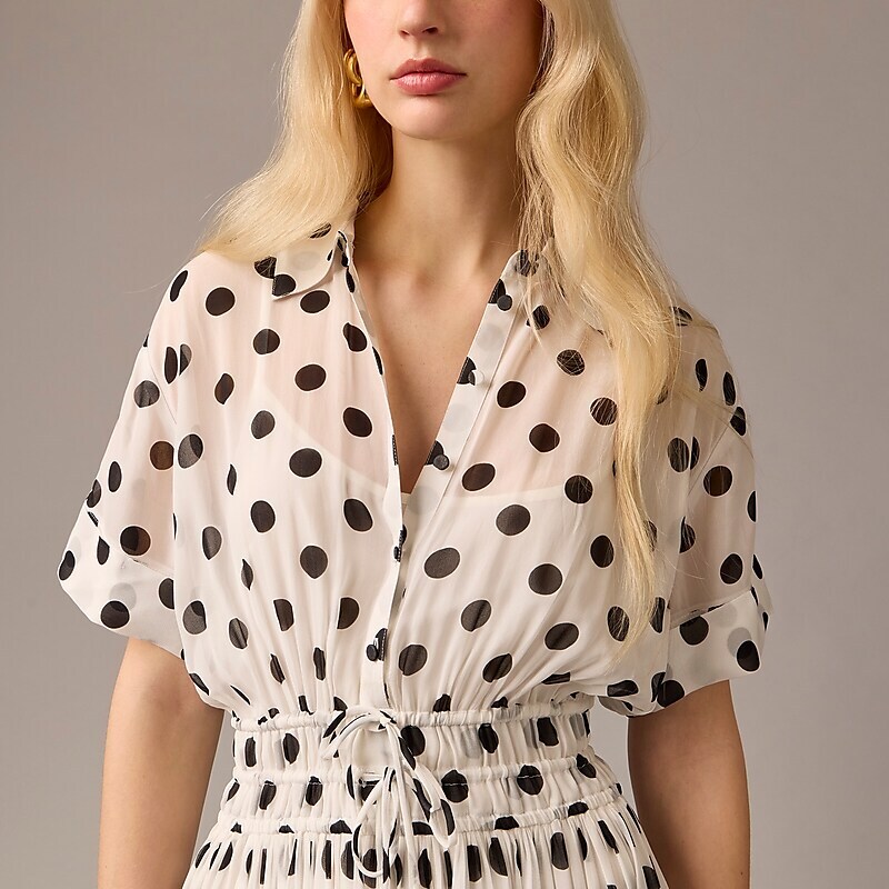 J.Crew Elena shirtdress chiffon Ivory Black Clearance | 34OWZKFIL