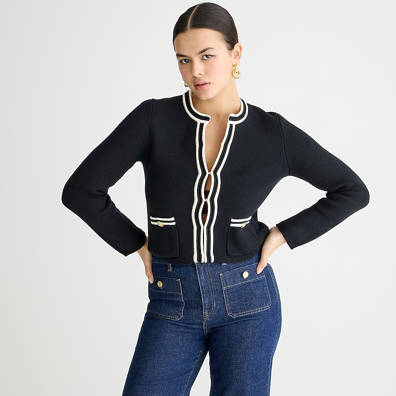 J.Crew Emilie sweater lady jacket with contrast trim Black Ivory Outlet Online | 75ZTSUJLK