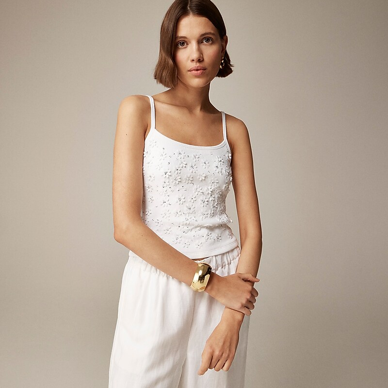 J.Crew Floral embellished vintage rib tank top White Outlet | 98UKYFEZP
