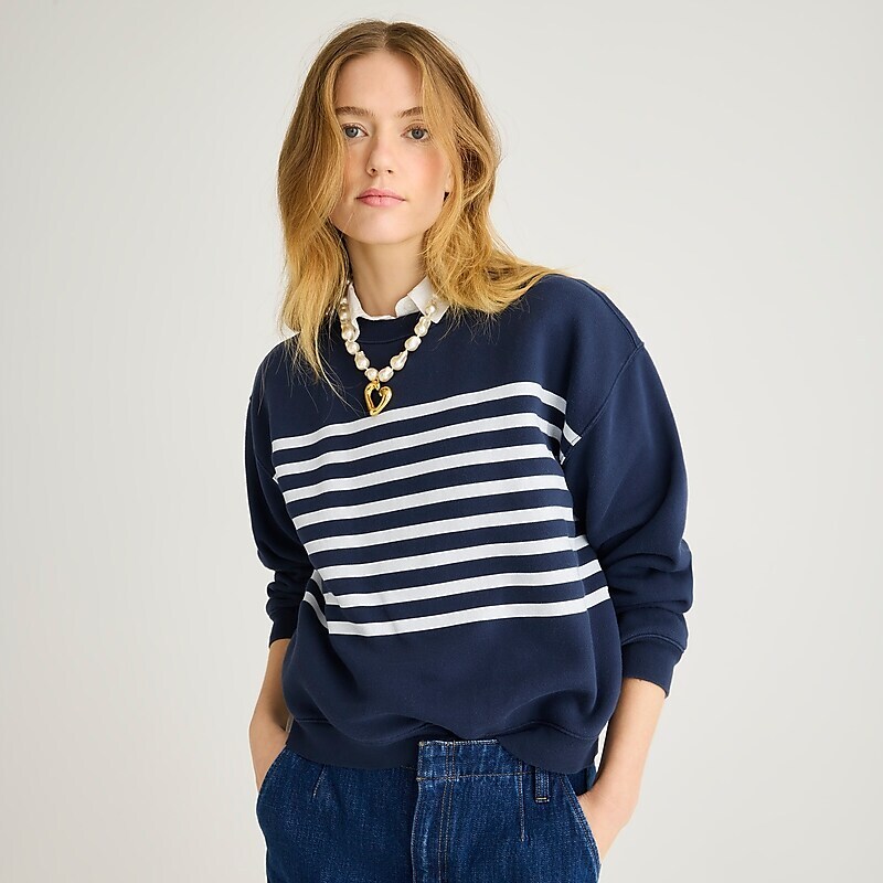 J.Crew Heritage fleece cropped sweatshirt Printed Placed Stripe N USA | 18MDKEXUR