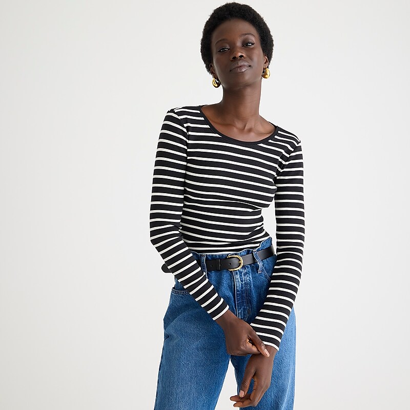 J.Crew Long-sleeve crewneck T-shirt vintage rib Cape Stripe Black Ivory Clearance | 40FJNASWO