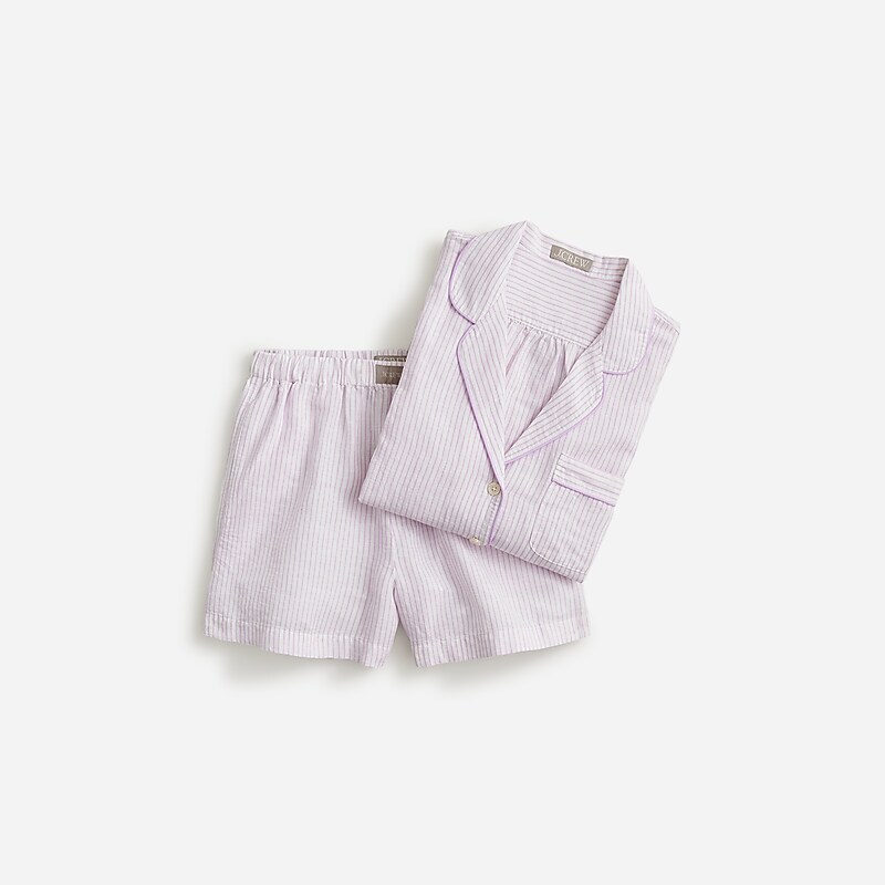J.Crew Long-sleeve pajama short set in striped linen-cotton blend Muted Orchid Online | 82EAFYNOX