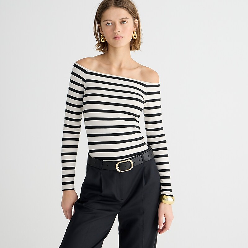 J.Crew Off-the-shoulder long-sleeve shirt stretch cotton Carter Stripe USA | 10UGCTJAN