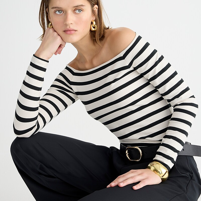 J.Crew Off-the-shoulder long-sleeve shirt stretch cotton Carter Stripe USA | 10UGCTJAN