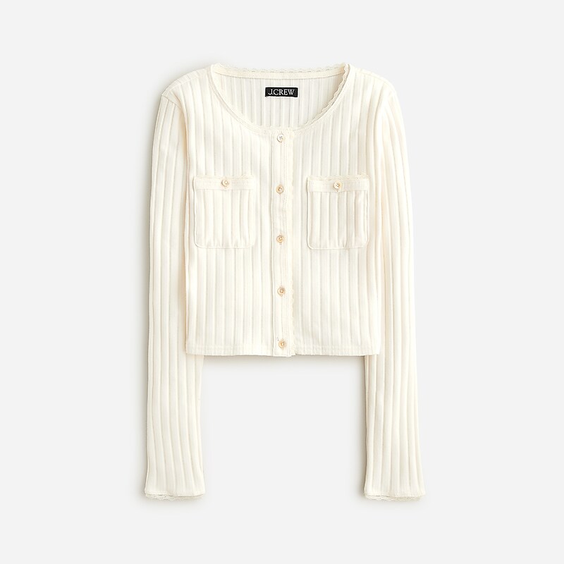 J.Crew Pointelle cardigan sweater Ivory Clearance | 32MREIWNC