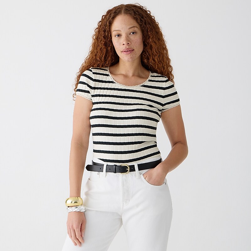 J.Crew Pointelle short-sleeve T-shirt Carter Stripe Ivory Bla Outlet | 94NWLHMXD