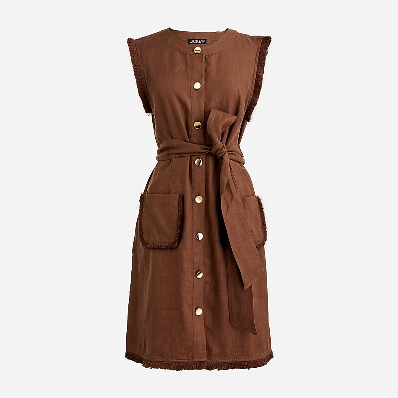J.Crew Raw-hem mini shirtdress in linen Roasted Cocoa Sale | 23GLDYCTB