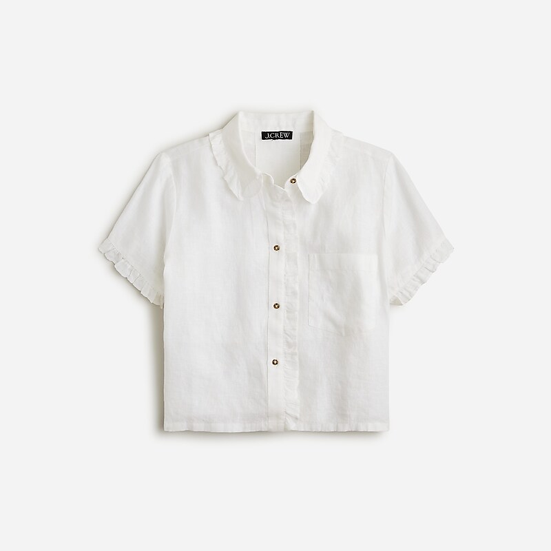 J.Crew Ruffle-trim button-up shirt in linen White Online | 83NEHMTLX