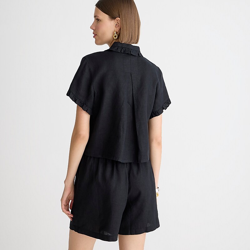J.Crew Ruffle-trim button-up shirt in linen Black Clearance | 42ZQWADJP