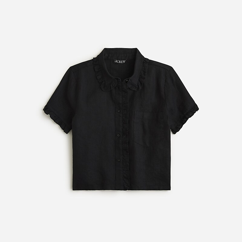 J.Crew Ruffle-trim button-up shirt in linen Black Clearance | 42ZQWADJP