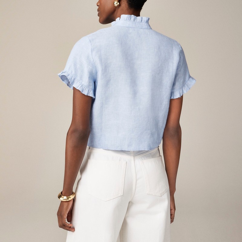 J.Crew Ruffle-trim button-up shirt in linen Blue Online | 87XMLJFOW