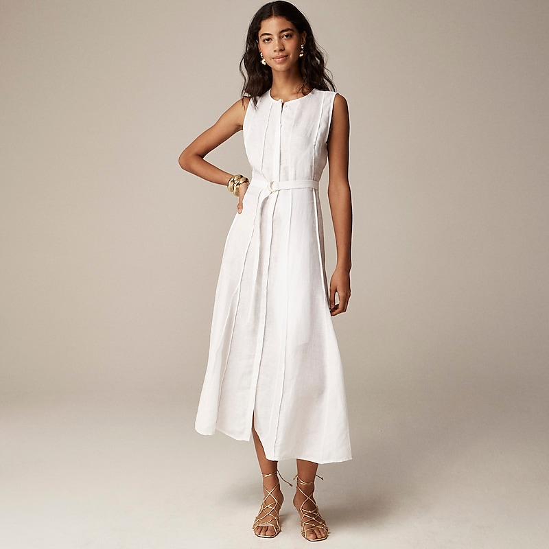 J.Crew Seamed tie-waist dress in linen White Clearance | 35KZPECIL