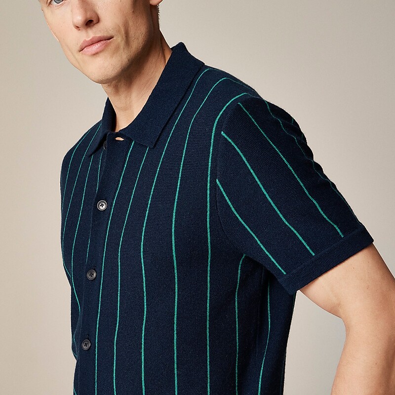 J.Crew Short-sleeve cashmere polo cardigan sweater in stripe Navy Bright Emerald Str Outlet Online | 79IAJNTUE