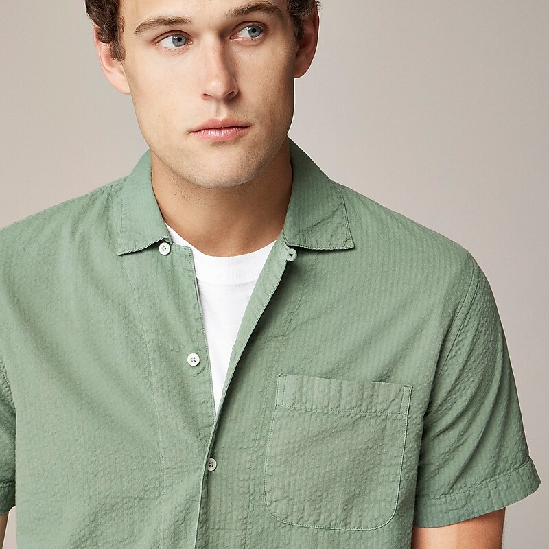 J.Crew Short-sleeve garment-dyed seersucker camp-collar shirt Dark Ivy Outlet | 96UTSCZHJ