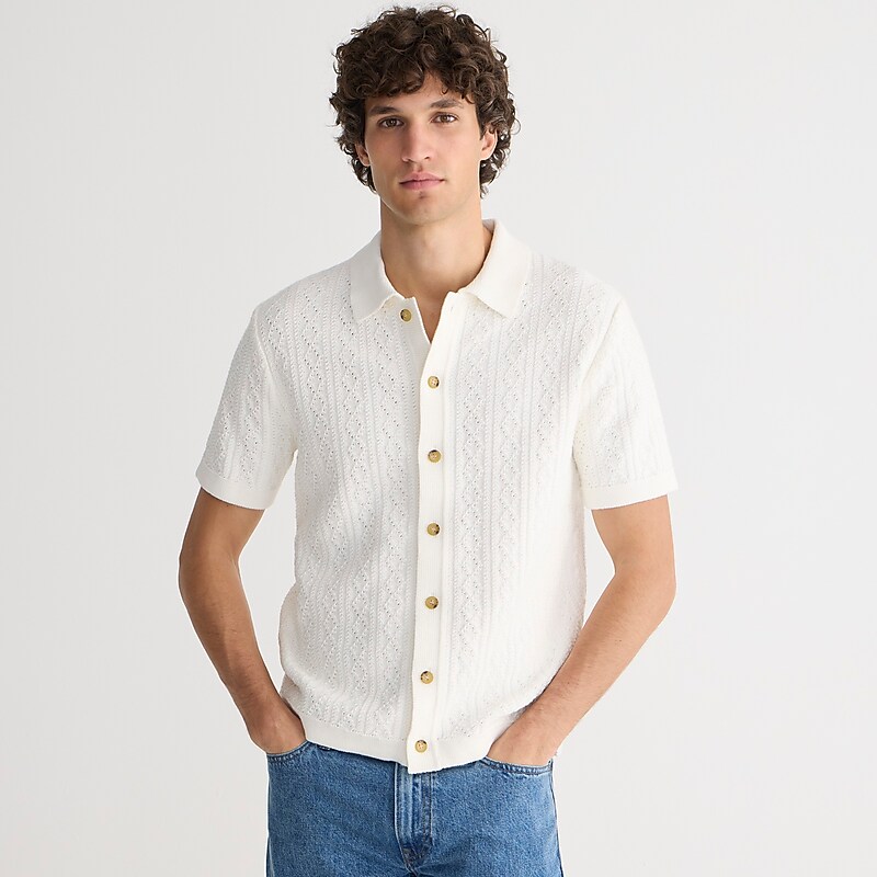 J.Crew Short-sleeve heritage cotton pointelle-stitch sweater-polo Sea Salt Online | 07EYFHUGO