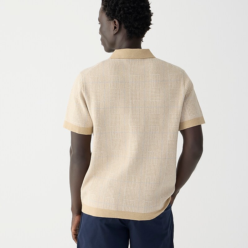 J.Crew Short-sleeve heritage cotton sweater-polo in windowpane jacquard Hthr Camel Glen Plaid Sale | 24XZRPYDT