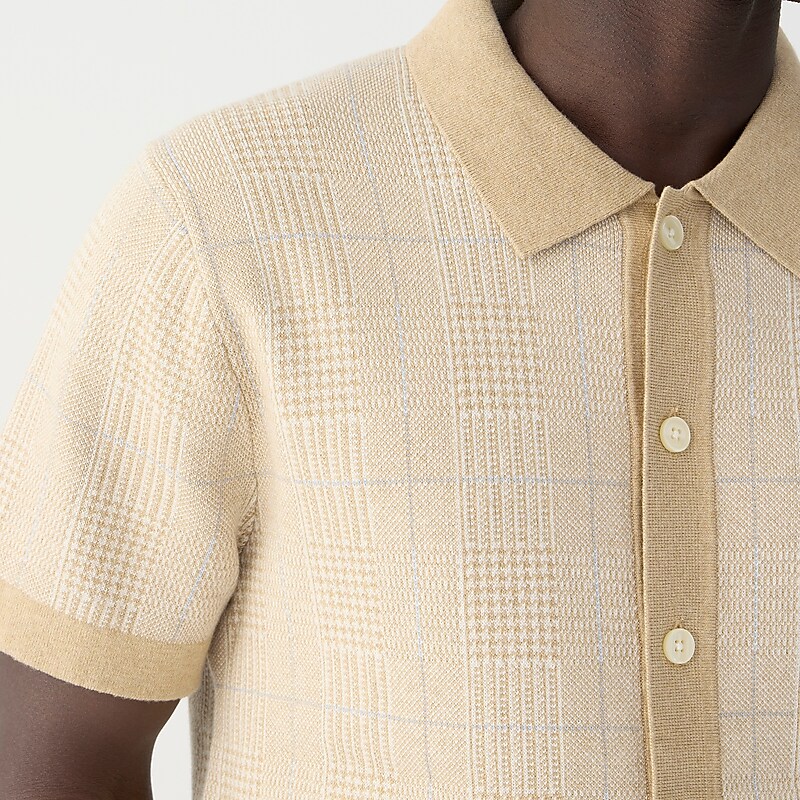J.Crew Short-sleeve heritage cotton sweater-polo in windowpane jacquard Hthr Camel Glen Plaid Sale | 24XZRPYDT