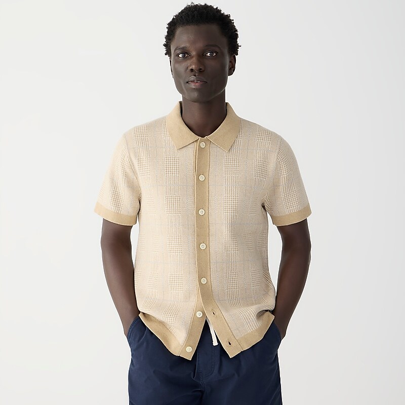 J.Crew Short-sleeve heritage cotton sweater-polo in windowpane jacquard Hthr Camel Glen Plaid Sale | 24XZRPYDT