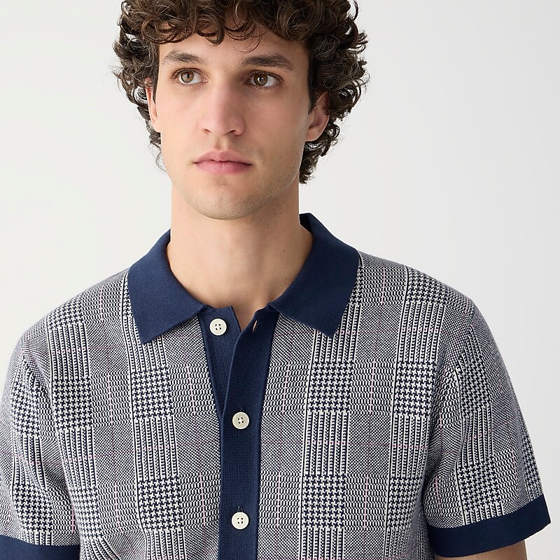 J.Crew Short-sleeve heritage cotton sweater-polo in windowpane jacquard Darkest Indigo Mauve Pi Sale | 24AEXBYHD