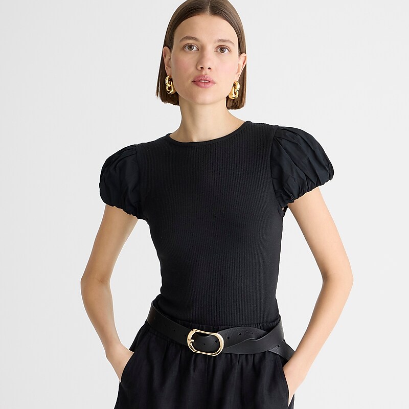 J.Crew Vintage rib T-shirt with cotton poplin puff sleeves Black Online | 01HNUMQWK