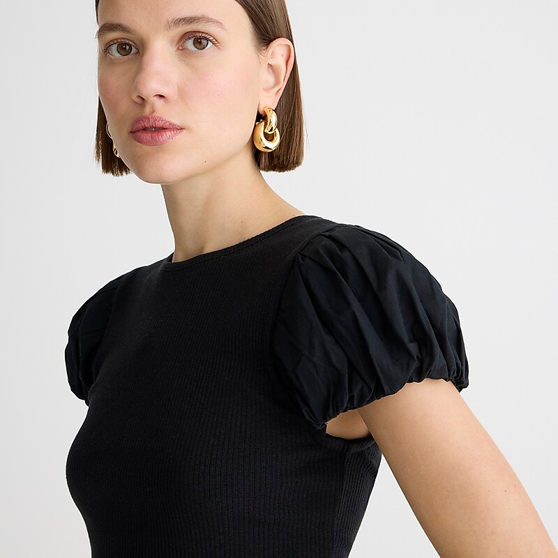 J.Crew Vintage rib T-shirt with cotton poplin puff sleeves Black Online | 01HNUMQWK