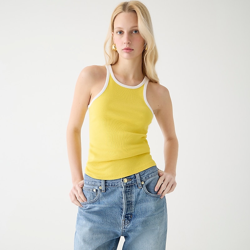 J.Crew Vintage rib high-neck cutaway tank top with contrast trim Tropical Lemon W White Clearance | 35OMAGJKE
