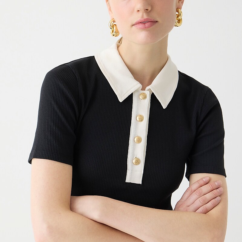 J.Crew Vintage rib polo T-shirt Black Ground Ivory Tip Factory Outlet | 50MDAIWQO