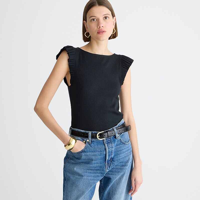 J.Crew Vintage rib ruffle boatneck tank top Black Online | 86FQTBSUJ