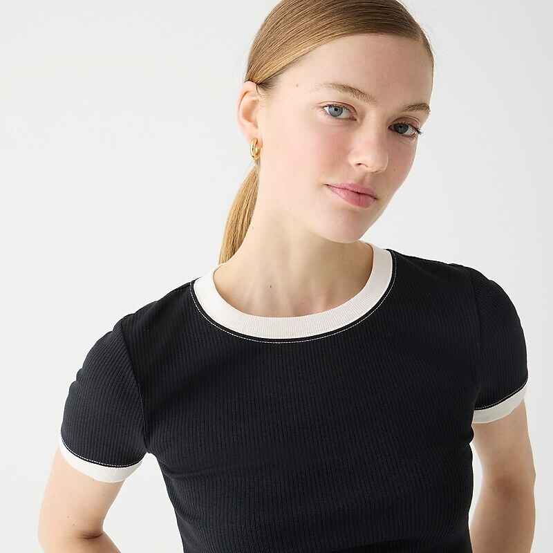 J.Crew Vintage rib shrunken T-shirt with contrast trim Black Ground Ivory Tip Sale | 29UBQNGJX