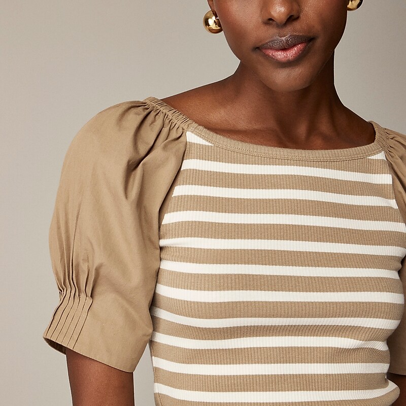 J.Crew Vintage rib top with cotton poplin puff sleeves Carter Stripe Khaki Ivo Factory Outlet | 50NUVEFQT
