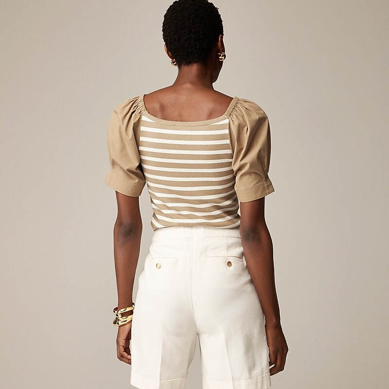 J.Crew Vintage rib top with cotton poplin puff sleeves Carter Stripe Khaki Ivo Factory Outlet | 50NUVEFQT